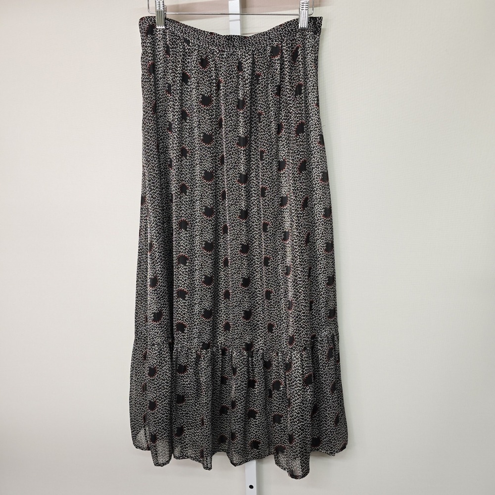 ba&sh Lady Skirt Black Red White Metallic Abstract Print Tiered Maxi Size 1
